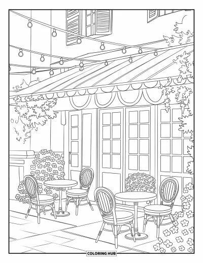 Dibujo de jardín para colorear para niños: Un café pintoresco rodeado de exuberante vegetación y luces de hadas colgantes