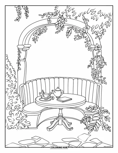 Dibujo de jardín para colorear para niños: Un rincón de jardín tranquilo con un banco de madera, una tetera y flores en flor