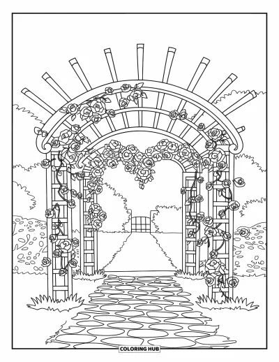 Dibujo de jardín para colorear para niños: Un arco de jardín romántico con rosas que forman una forma de corazón sobre un camino