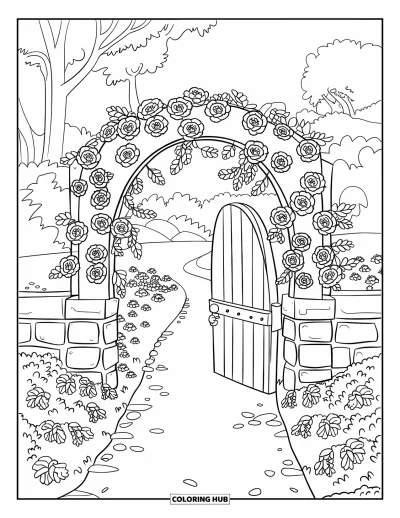Dibujo de jardín para colorear para niños: Un arco de jardín escénico con rosas trepando por una encantadora puerta de madera