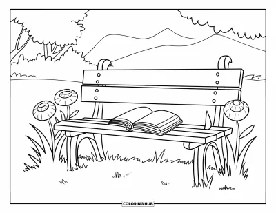 Dibujo de jardín para colorear para niños: Un banco de madera simple con un libro apoyado, rodeado de grandes flores