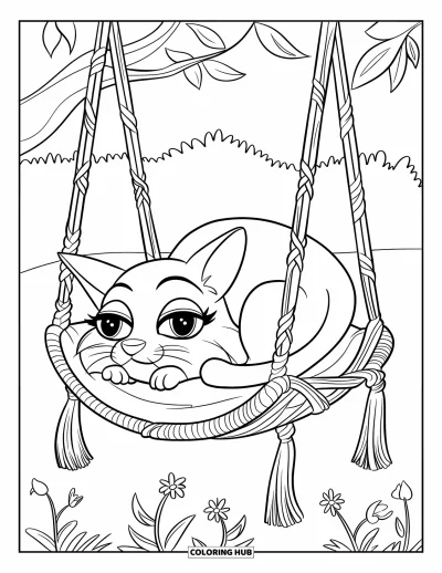 Dibujo de jardín para colorear para niños: Un gatito somnoliento acurrucado en un columpio de jardín, rodeado de flores y hojas