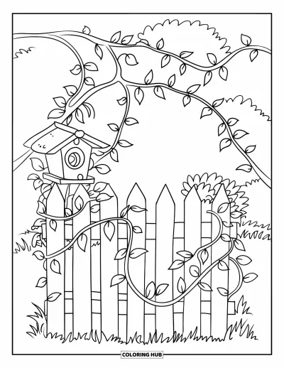 Dibujo de jardín para colorear para niños: Una pequeña cerca de piquete con enredaderas, que enmarca una pequeña pajarera de madera