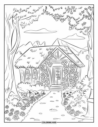 Dibujo de jardín para colorear para niños: Un camino de piedra a través de un jardín frondoso que lleva a una cabaña con techo de paja