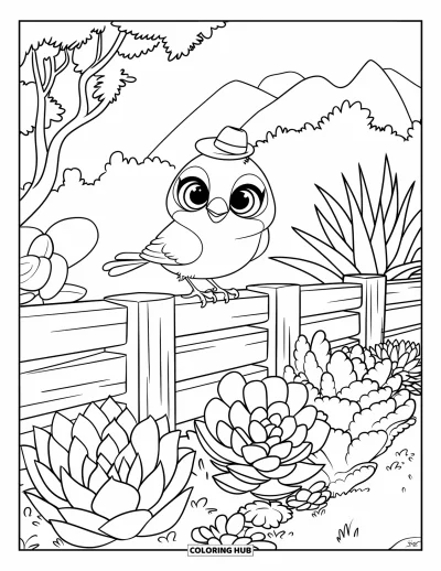 Dibujo de jardín para colorear para niños: Un pequeño pájaro con un sombrero, descansando en una cerca rústica con suculentas coloridas