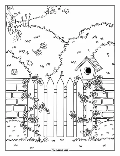 Dibujo de jardín para colorear para niños: Una pequeña casita de pájaros enmarcada por enredaderas trepadoras entre hojas verdes