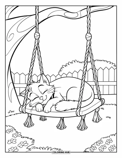 Dibujo de jardín para colorear para niños: Un pequeño gato con una cola esponjosa descansando en un columpio de macramé bajo flores en flor