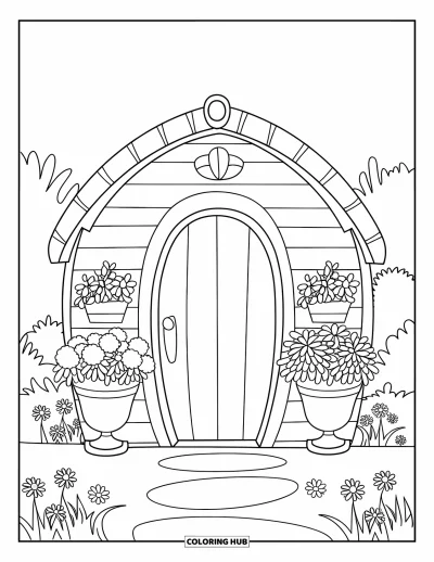 Dibujo de jardín para colorear para niños: Una pequeña casita de jardín con una puerta redondeada, rodeada de flores en macetas