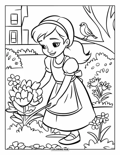 Dibujo de jardín para colorear para niños: Un pequeño petirrojo posado en un árbol, observando a una niña cuidar su macizo de flores