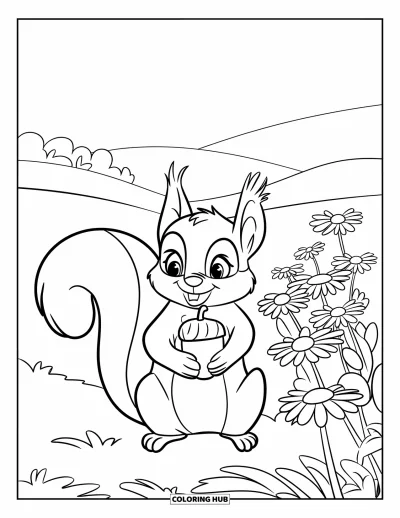 Dibujo de jardín para colorear para niños: Una pequeña ardilla sentada en una rama, sosteniendo una nuez en un bosque tranquilo