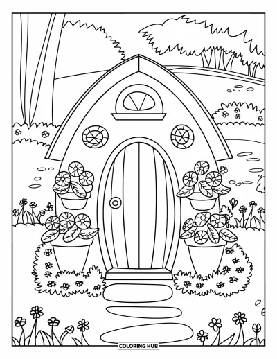 Dibujo de jardín para colorear para niños: Una pequeña casa de madera con una puerta redonda y un camino bordeado de flores en flor