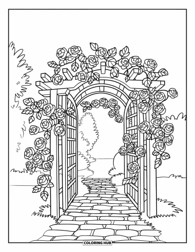 Dibujo de jardín para colorear para niños: Un enrejado de madera cubierto de rosas, que conduce a un sendero de jardín escénico