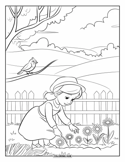 Dibujo de jardín para colorear para niños: Una joven plantando flores mientras un petirrojo observa desde una rama cercana