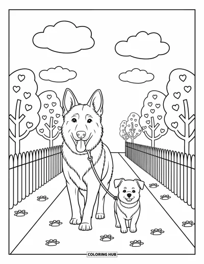 Coloriage de berger allemand pour adultes : Un chien calme promène un petit chiot à travers un chemin confortable avec des empreintes de pattes et de minuscules arbres