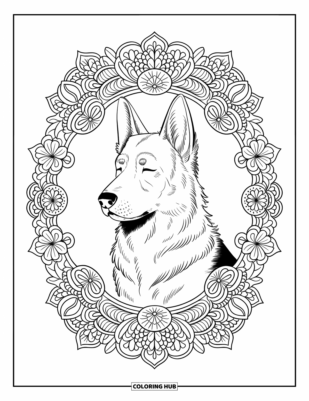 Disegno di pastore tedesco da colorare per adulti: Un cane calmo con gli occhi chiusi è incorniciato da fiori, foglie e viti delicate