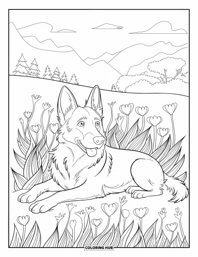 Coloriage de berger allemand pour adultes : Un chiot calme se repose dans l’herbe avec des fleurs en forme de cœur, des arbres et des montagnes à proximité