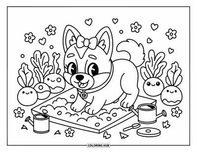 Coloriage de berger allemand pour adultes : Un chiot joyeux avec un nœud creuse joyeusement dans un joli petit potager et floral