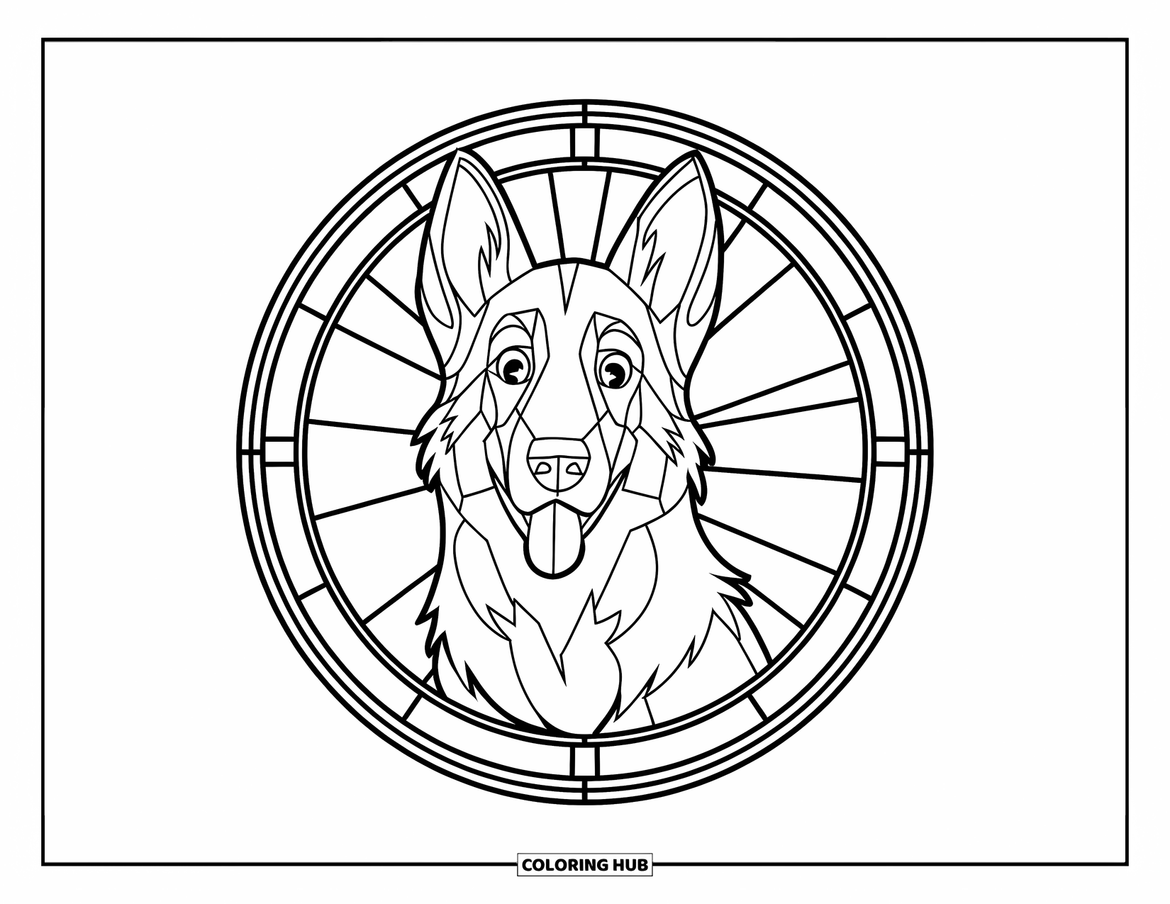 Disegno di pastore tedesco da colorare per adulti: Un cucciolo allegro con la bocca aperta siede in un cerchio di vetro colorato con un contorno pulito