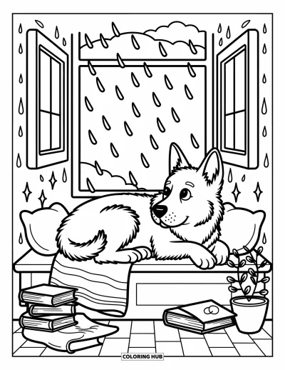 Coloriage de berger allemand pour adultes : Un chiot confortable regarde les gouttes de pluie tomber tout en étant recroquevillé près de livres, d’une plante et d’étincelles flottantes