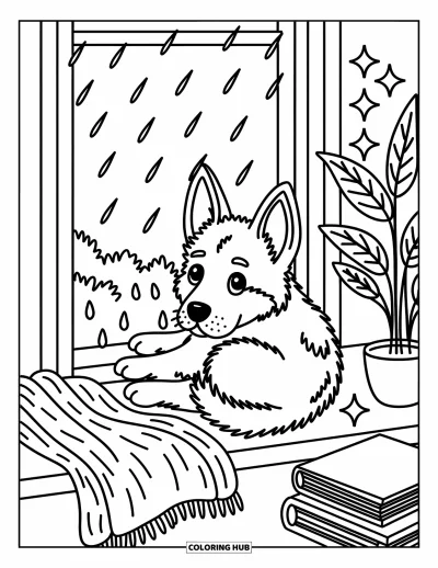 Coloriage de berger allemand pour adultes : Un chiot câlin se repose près de la fenêtre en regardant la pluie, entouré de livres, d’une plante et d’étincelles