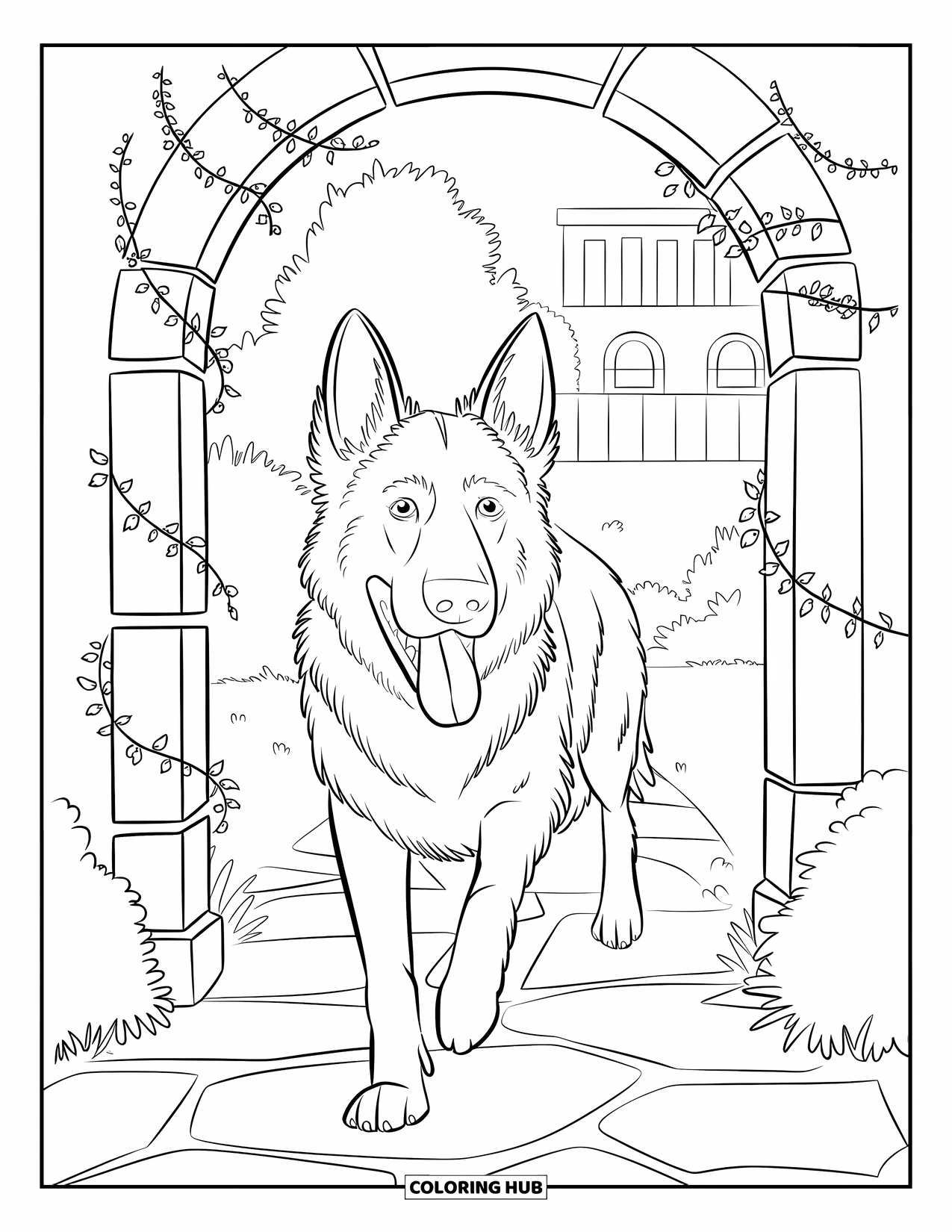 Disegno di pastore tedesco da colorare per adulti: Un cane cammina attraverso un arco di pietra frondoso con un edificio visibile sullo sfondo