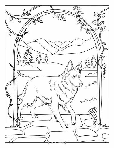 Coloriage de berger allemand pour adultes : Un chien traverse une arche de pierre couverte de vigne avec des montagnes et de l'eau derrière