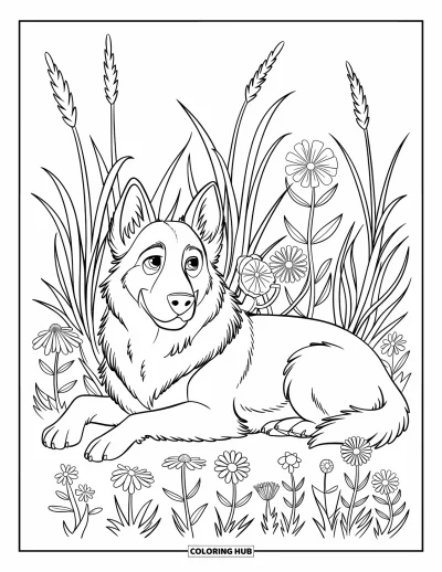 Coloriage de berger allemand pour adultes : Un berger allemand moelleux est allongé sur le côté parmi de hautes herbes et des fleurs sauvages