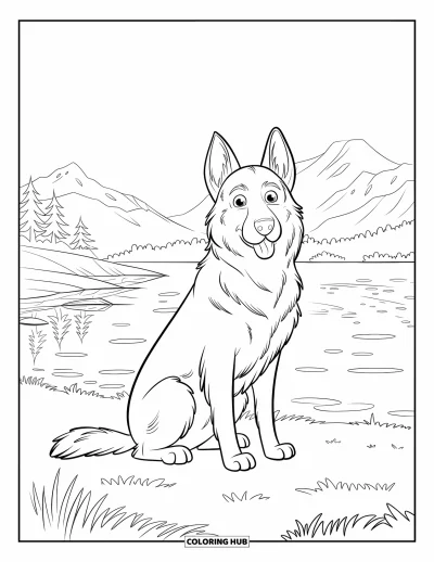 Coloriage de berger allemand pour adultes : Un doux chiot est assis près d'un lac paisible, contemplant les reflets calmes et les montagnes