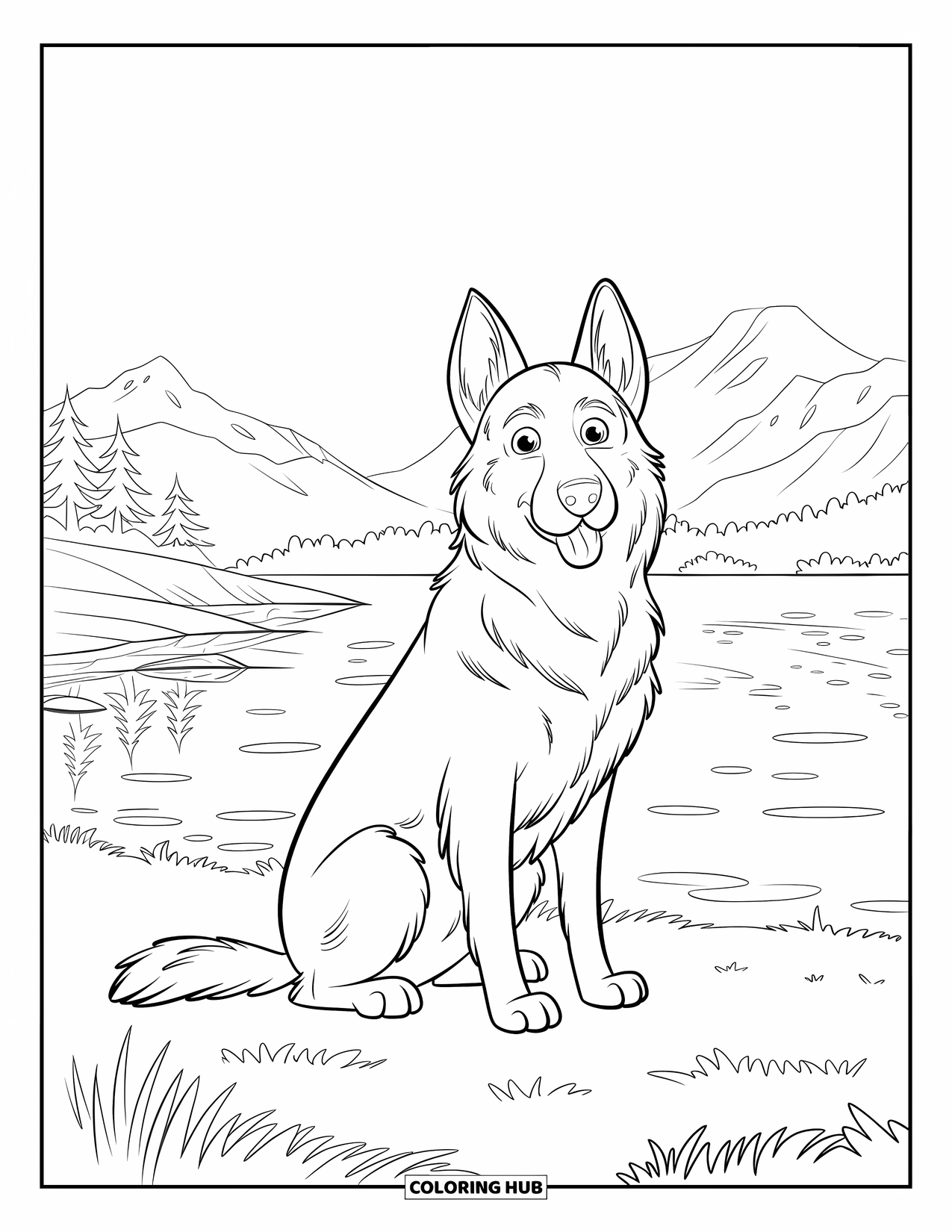Disegno di pastore tedesco da colorare per adulti: Un cucciolo gentile siede vicino a un lago tranquillo, osservando i calmi riflessi e le montagne