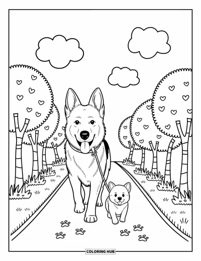 Coloriage de berger allemand pour adultes : Un chiot doux promène un petit chien sur un chemin tranquille avec des empreintes de pattes et des nuages moelleux