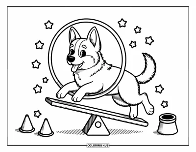 Coloriage de berger allemand pour adultes : Un berger allemand rebondit à travers un cerceau sur une balançoire avec de minuscules étoiles et un pot de friandises