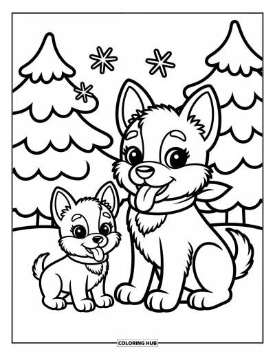 Coloriage de berger allemand pour adultes : Un berger allemand avec une écharpe attrape des flocons de neige tandis qu’un chiot de neige mignon joue à proximité