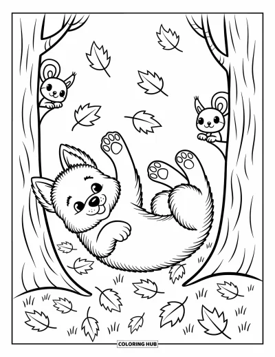 Coloriage de berger allemand pour adultes : Un berger allemand est couché sur le ventre dans des feuilles d’automne tandis que des écureuils regardent derrière les arbres à proximité