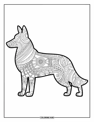 Coloriage de berger allemand pour adultes : Une silhouette de berger allemand est remplie de tourbillons et de motifs sur un fond blanc