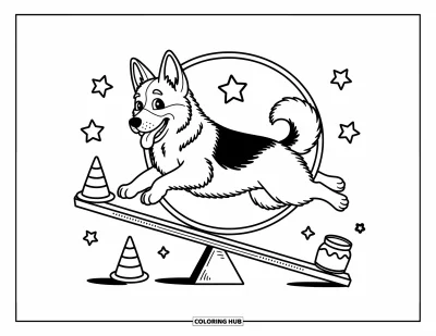Coloriage de berger allemand pour adultes : Un chien heureux saute à travers un cerceau sur une balançoire, encouragé par des étoiles et des cônes