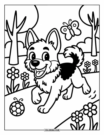 Coloriage de berger allemand pour adultes : Un chien heureux court dans le parc avec des papillons et des feuilles en forme de cœur qui bordent le chemin