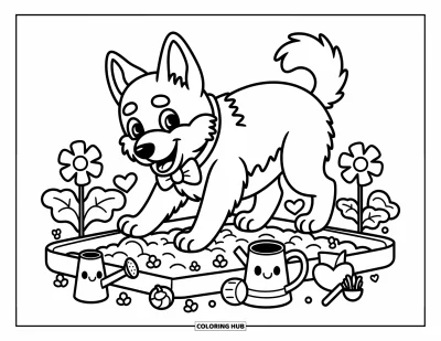 Coloriage de berger allemand pour adultes : Un berger allemand heureux creuse dans un petit jardin rempli de fleurs, de légumes et d'outils ludiques