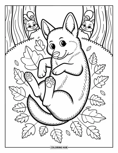 Coloriage de berger allemand pour adultes : Un chiot heureux est couché dans des feuilles croquantes tandis que des écureuils regardent et que des feuilles tombent doucement