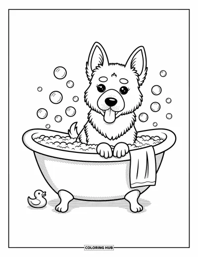 Coloriage de berger allemand pour adultes : Un chiot heureux se détend dans une baignoire remplie de bulles avec un canard et une serviette suspendue à proximité