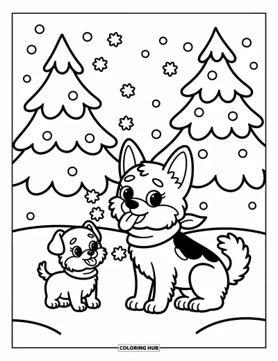 Coloriage de berger allemand pour adultes : Un chien joyeux avec une écharpe joue dans la neige avec un petit chiot de neige à ses côtés