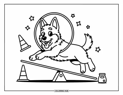 Coloriage de berger allemand pour adultes : Un berger allemand joyeux saute à travers un cerceau sur une balançoire avec des friandises et des cônes ludiques