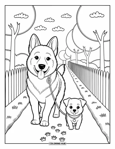 Coloriage de berger allemand pour adultes : Un chiot gentil promène un petit chien le long d’un chemin bordé d’arbres avec des nuages doux au-dessus