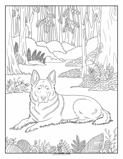 Coloriage de berger allemand pour adultes : Un chien paisible se repose dans une clairière forestière avec des arbres feuillus et une verdure à motifs