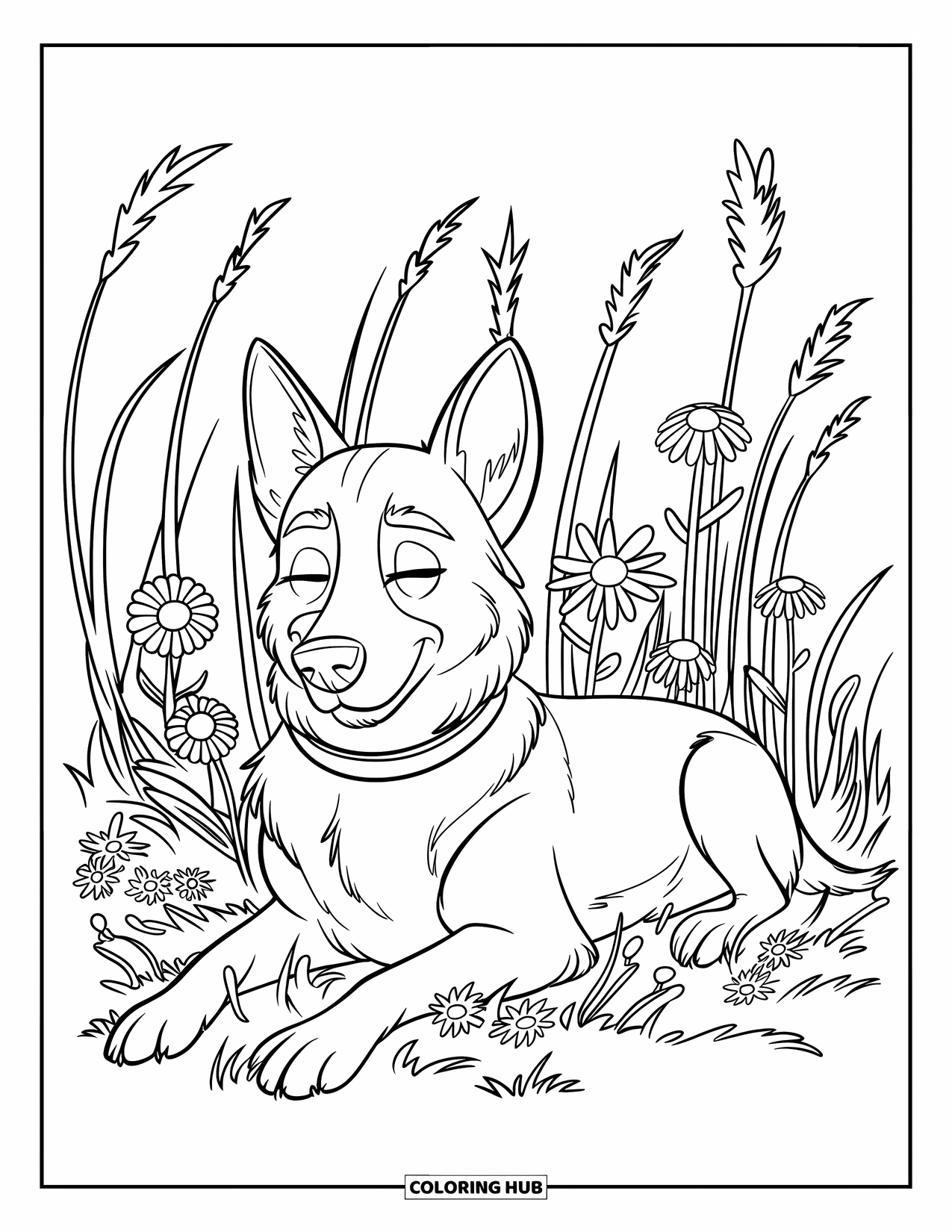 Disegno di pastore tedesco da colorare per adulti: Un cucciolo pacifico con un collare giace tra fiori di campo ed erbe alte e ventilate