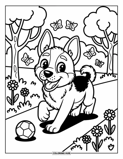 Coloriage de berger allemand pour adultes : Un berger allemand enjoué court dans le parc avec des papillons et des fleurs joyeuses le long du chemin