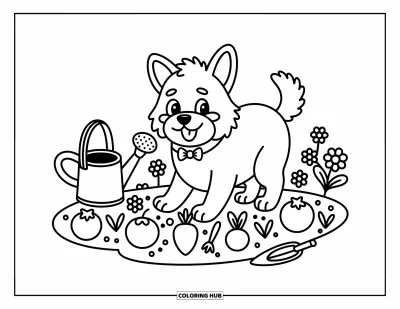 Coloriage de berger allemand pour adultes : Un berger allemand enjoué avec un nœud creuse joyeusement dans un jardin confortable rempli de fleurs et de légumes