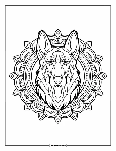 Coloriage de berger allemand pour adultes : Un fier portrait de chiot est assis à l’intérieur d’un mandala floral avec des lignes audacieuses et sans ombrage