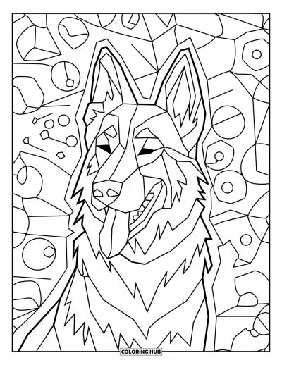 Coloriage de berger allemand pour adultes : Une silhouette de chiot avec la bouche ouverte repose sur un fond à motifs tourbillonnants