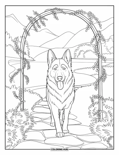 Coloriage de berger allemand pour adultes : Un chiot se promène sous un chemin arqué entouré d'arbres, de vignes et d'une vue paisible