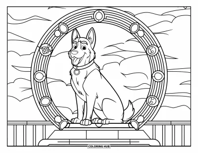 Coloriage de berger allemand pour adultes : Un chiot portant un collier est assis sur une base en pierre à l'intérieur d'un cadre détaillé de style vitrail